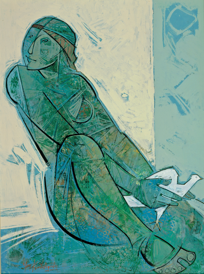 Seated girl with pigeon
